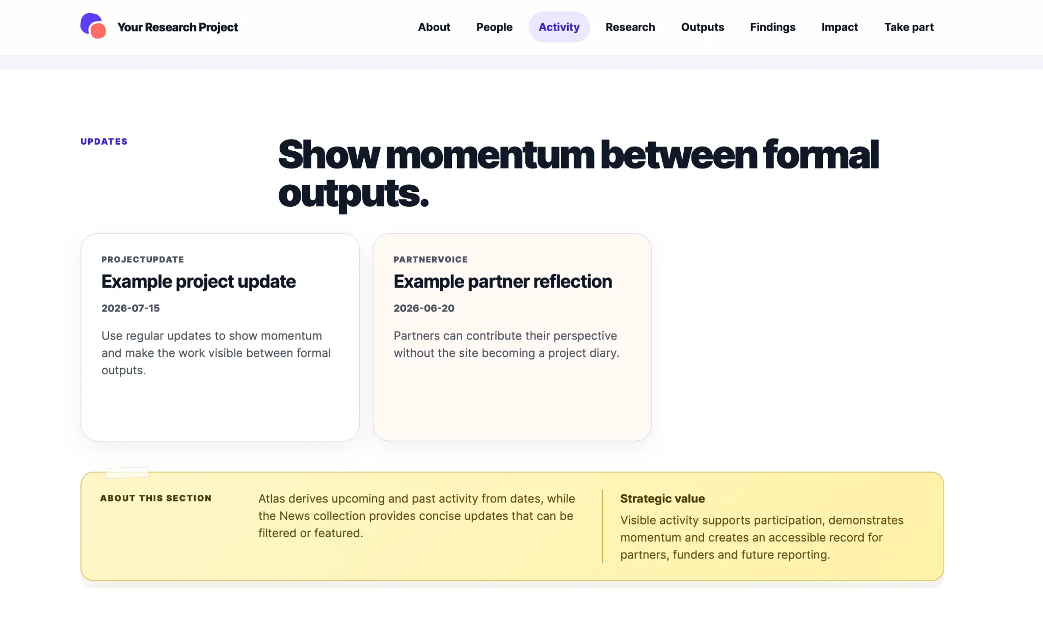 Project Atlas activity page showing project and partner updates
