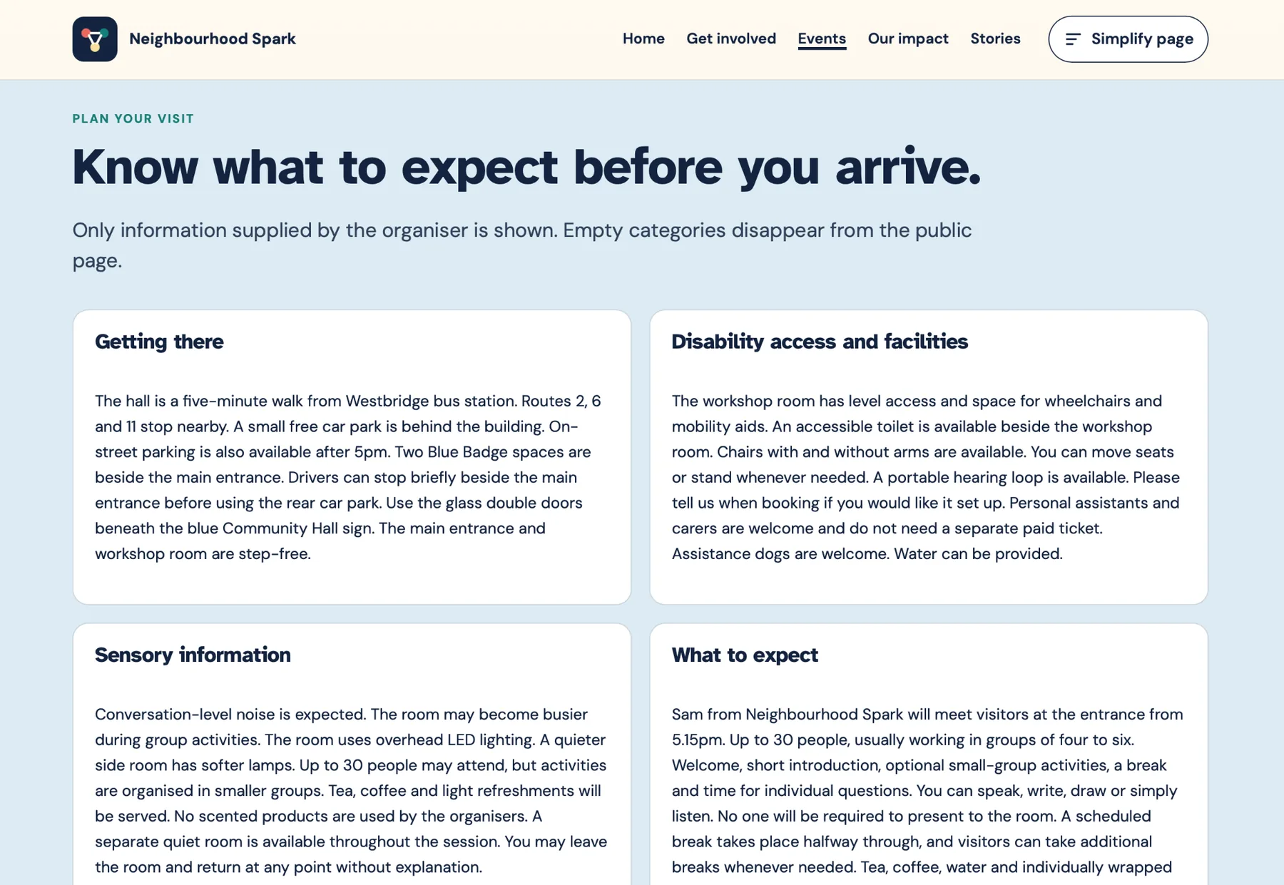 Spark event page showing travel, disability access, sensory information and what visitors can expect