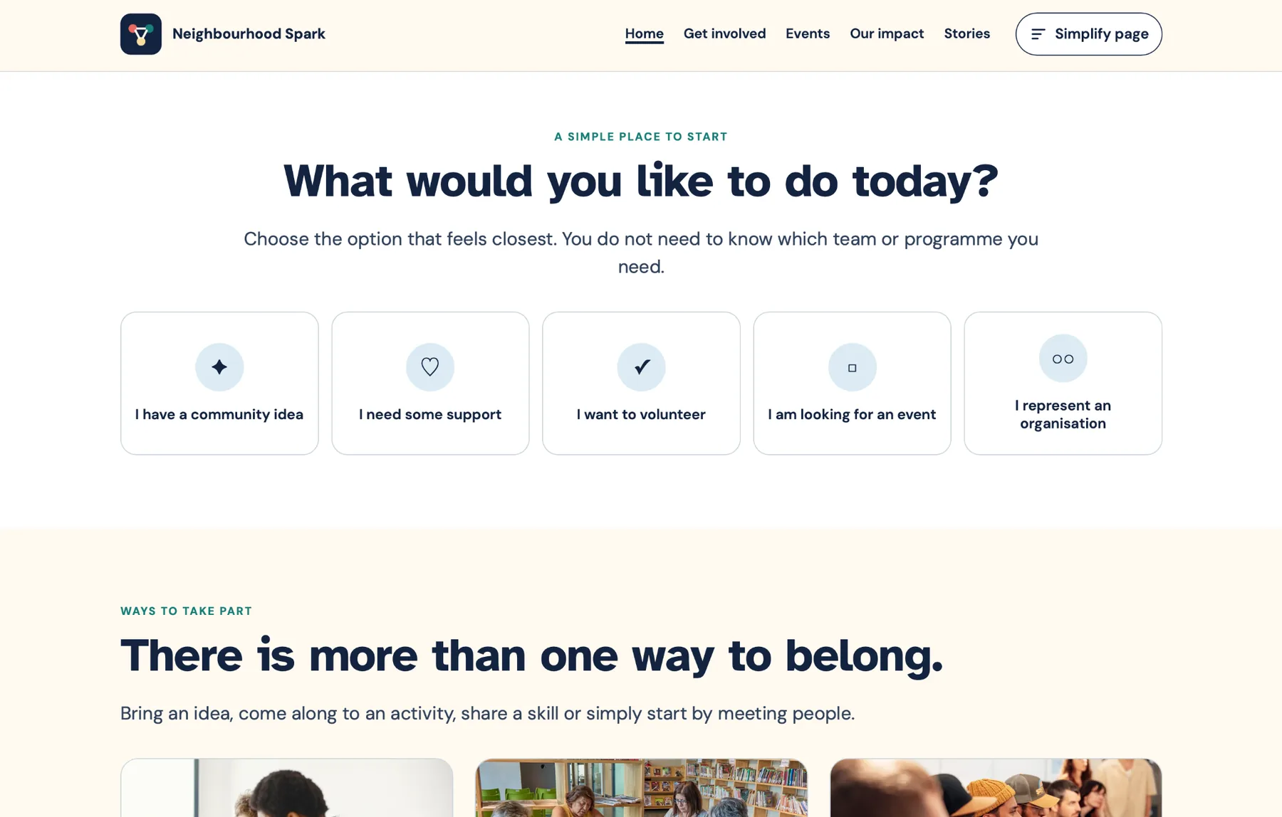 Neighbourhood Spark navigation helper offering five clear routes through the charity and community website